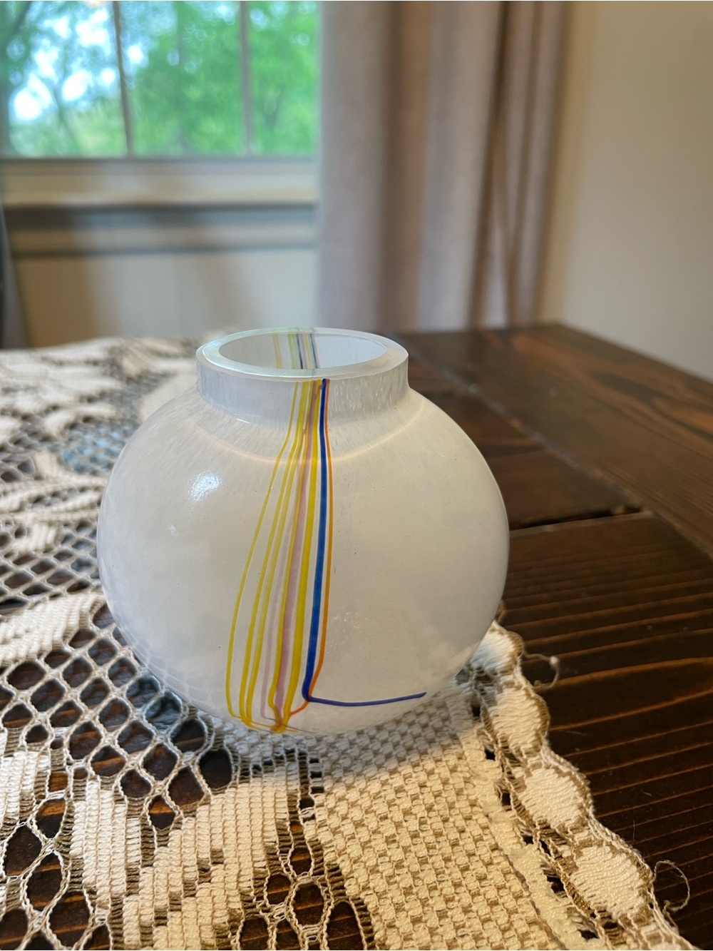 Kosta Boda White Glass Vase with Yellow and Blue Stripe Accents